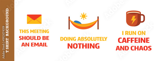 Funny and colorful graphic design with icons and text about unproductive meeting status updates and caffeine dependency in a work setting