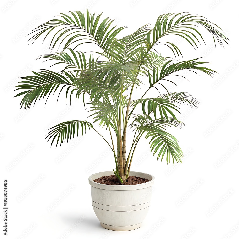 Obraz premium Palm tree in a flowerpot isolated on white background as a decorative indoor plant