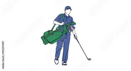 Man carrying green golf bag clubs.