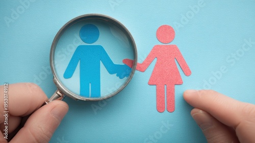 Analyzing Relationships Gender Roles with Magnifying Glass on Paper Cutouts Concept