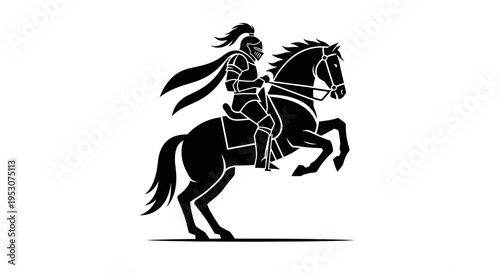 Silhouette of a Knight in Armor on Horseback, Medieval Warrior on Rearing Steed