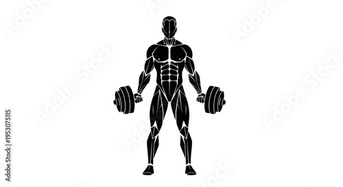 Muscular bodybuilder holding dumbbells, fitness silhouette, workout illustration
