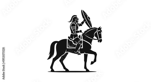 Silhouette of a medieval knight on horseback holding a shield and sword
