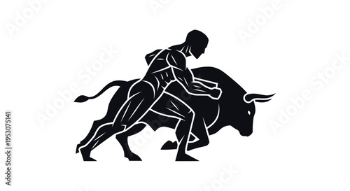 Man wrestling a bull, strong silhouette, dynamic struggle, power concept