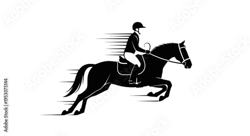 Equestrian Rider and Horse Jumping Silhouette, Dynamic Motion