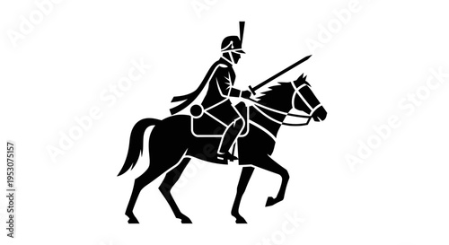 Silhouette of a cavalry soldier on horseback with a sword, historical illustration