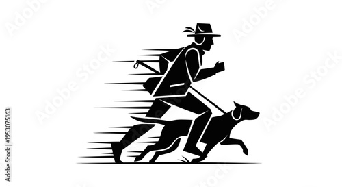 Hunter with Dog Running Silhouette Icon Vector Illustration