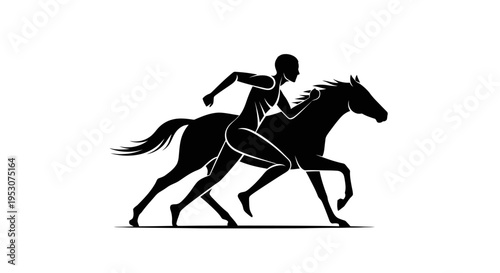 Silhouette of a person running alongside a galloping horse, representing speed and synergy.