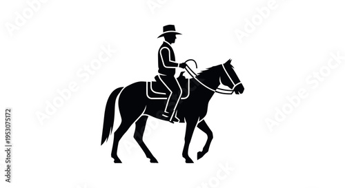 Silhouette of a cowboy riding a horse, isolated on white background