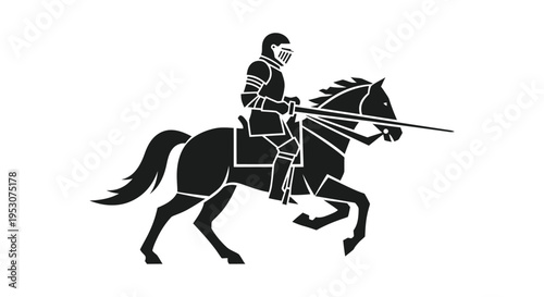 Silhouette of a knight in armor riding a horse with a lance