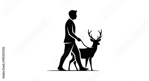 Man in Suit Walking Deer on Leash Silhouette - Business Lifestyle and Nature Concept