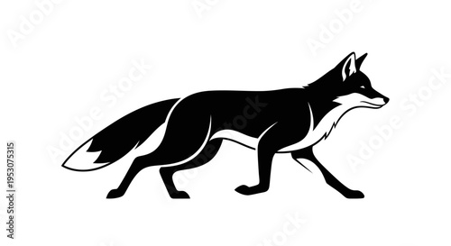 Stylized Black Fox Silhouette Walking Isolated on White Background