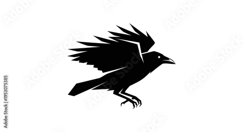 Black silhouette of a raven in flight against a white background, graphic design