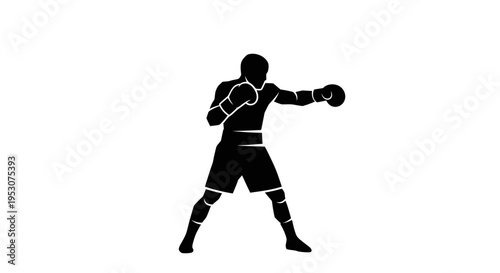 Silhouette of a boxer throwing a punch, isolated on white background.