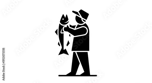 Fisherman holding a large fish, icon graphic, black silhouette on white background