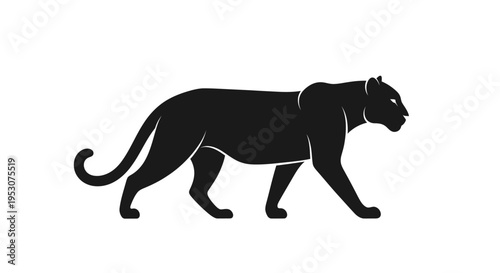 Black Panther Silhouette Walking Isolated on White Background, Powerful Wild Animal