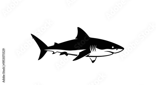 Black silhouette of a great white shark swimming, isolated on white background.