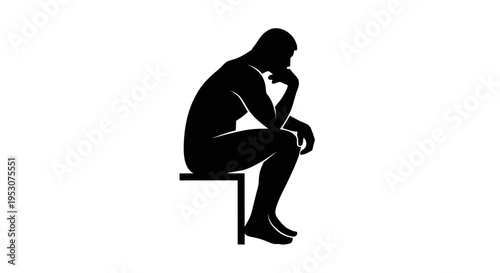 Silhouette of a man sitting and thinking, isolated on white background