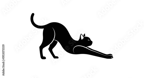Black cat stretching its body, silhouette, isolated on white background, playful movement