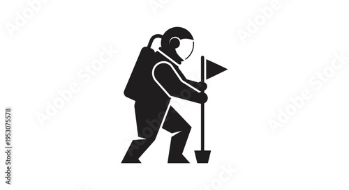 Astronaut planting flag on alien planet, space exploration icon, vector illustration