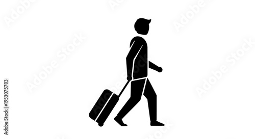 Silhouette of a person walking with a rolling suitcase, travel concept