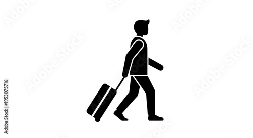 Silhouette of a businessman walking with a rolling suitcase, isolated on white background