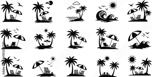 Beach silhouettes isolated on transparent background with palm trees and people