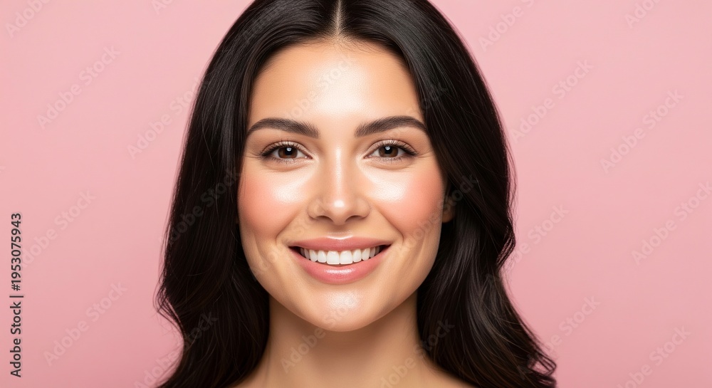 Fototapeta premium A close-up headshot of a happy young woman with flawless skin and a radiant smile, showcasing natural beauty against a soft pink background