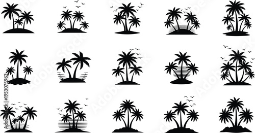 Collection of palm tree silhouettes isolated on transparent background