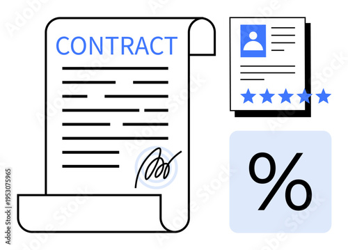 Legal contract document with signature, profile document with five-star rating, and percentage symbol. Ideal for contracts, agreements, financial deals, business, legal matters, evaluations