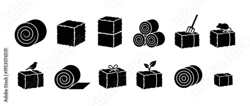 Various black silhouette hay bale icons are depicted in different shapes and arrangements, some with farm tools or animals, presented in a clean, graphic style
