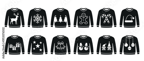 Twelve black iconic Christmas sweaters feature various festive holiday designs, including reindeer, snowflakes, gingerbread men, and Santa hats, presented in a graphic, flat style