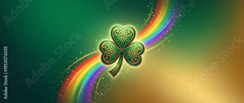 St. Patrick's Day banner with shamrock and rainbow design featuring a decorative green clover. St. Patrick's Day theme includes vibrant colors and festive elements suitable for celebrations.