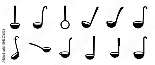Twelve black silhouette kitchen ladles presented in a clean, graphic style, showcasing various designs for cooking and serving utensils