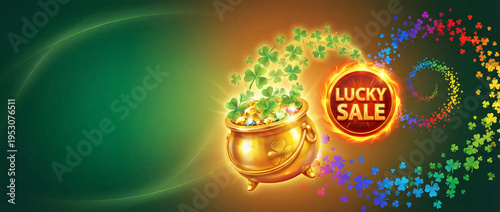 St. Patrick's Day banner with leprechaun, gold pot, and festive sale elements. St. Patrick's Day celebration includes colorful shamrocks and sparkling effects, emphasizing lucky sale concept.