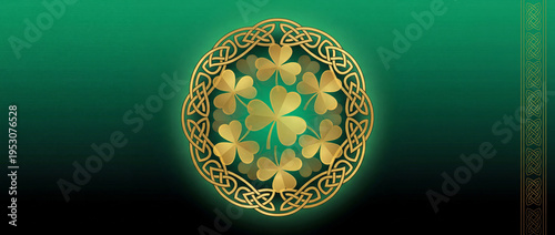 St. Patrick's Day banner with golden clover and decorative Celtic pattern. St. Patrick's Day celebration features intricate designs and vibrant colors. Perfect St.