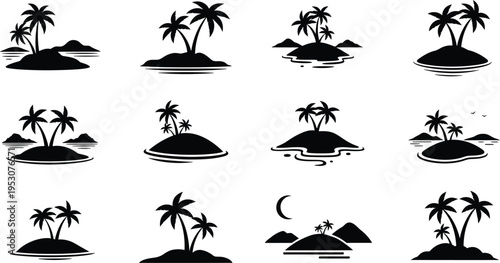 Collection of tropical island silhouettes isolated on transparent background