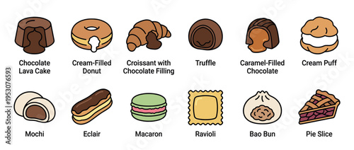 Colorful line art dessert and food icons are neatly arranged in a grid, showcasing a variety of sweet treats and savory items with distinct outlines and simple fills