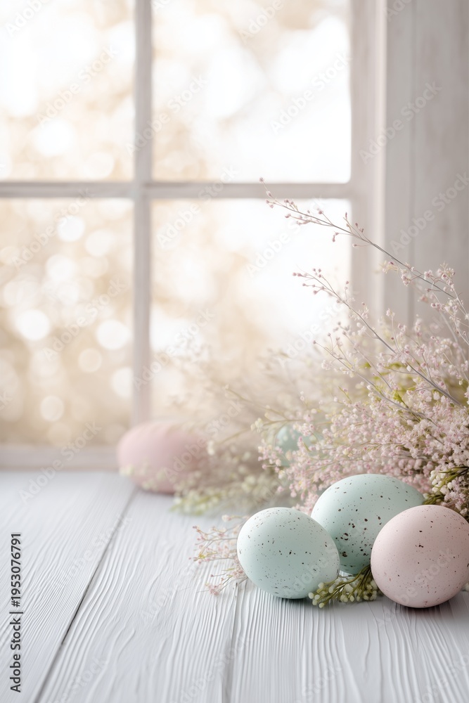 Obraz premium Pastel Easter eggs by window with soft light and spring decoration background