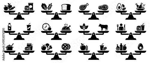 Multiple black silhouette balance scales illustrate various dietary choices and the concept of healthy eating versus unhealthy food options, presented in a clear, graphic style