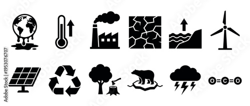 Twelve black silhouette environmental icons illustrating global climate change challenges and sustainable solutions in a graphic, conceptual style