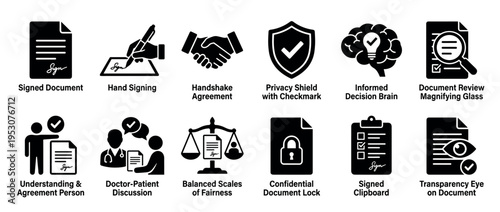 Black and white legal and medical concept icons are arranged in a grid, depicting agreements, privacy, and informed decisions in a clean, glyph style
