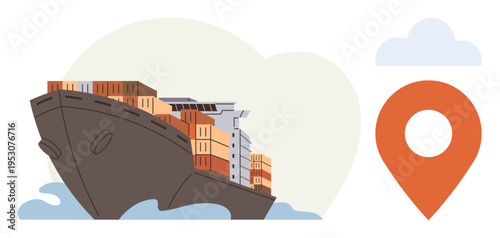 Global trade, shipping, transportation, supply chain, logistics, maritime navigation. A cargo ship loaded with containers and a location pin. Global trade and shipping concept