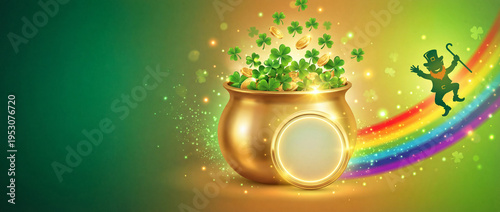 St. Patrick's Day banner with leprechaun dancing next to rainbow and pot of gold filled with clovers. St. Patrick's Day theme features vibrant colors and festive elements celebrating Irish culture.