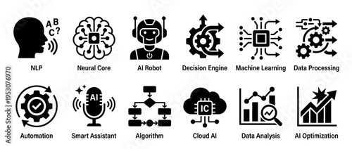 Ten black glyph icons representing artificial intelligence, machine learning, and data processing concepts, including NLP, robots, and algorithms, presented in a modern flat design