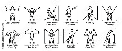 Twelve various line art icons illustrating fitness cable machine exercises, showcasing different movements for strength training and muscle development in a minimalist outline style