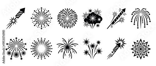 Twelve black silhouette firework and firecracker icons are neatly arranged, showcasing various explosive shapes and rocket designs in a graphic, celebratory style