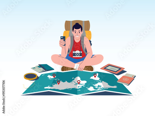 Backpacker planning travel world tourism day illustration