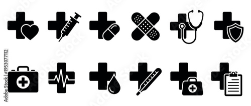 Twelve black medical healthcare icons depicting crosses integrated with essential symbols like a heart, syringe, pill, stethoscope, and first aid kit, in a clean, modern, illustrative graphic style