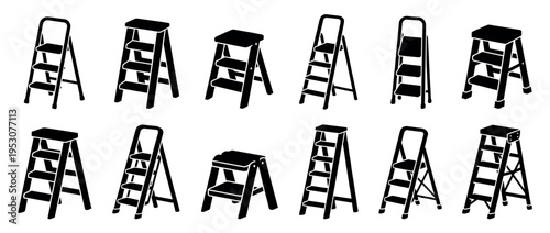 Twelve black silhouette step ladders and step stools are depicted in a flat vector style, showcasing different designs and step counts